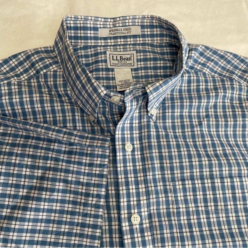 L.L. Bean Blue and White Mens Checkered Button Up Shirt Wrinkle Free Large Tall
